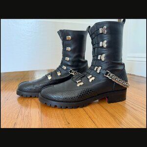 Christian Louboutin Horse Chain-Trimmed Leather Combat Boots, size EU 37.5